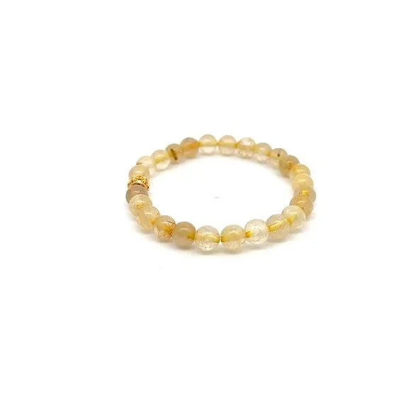 18K Gold Money Coin Ball Lucky Charm Bracelet Gemstones Rutilated Quartz 6mm - Picture 2 of 4